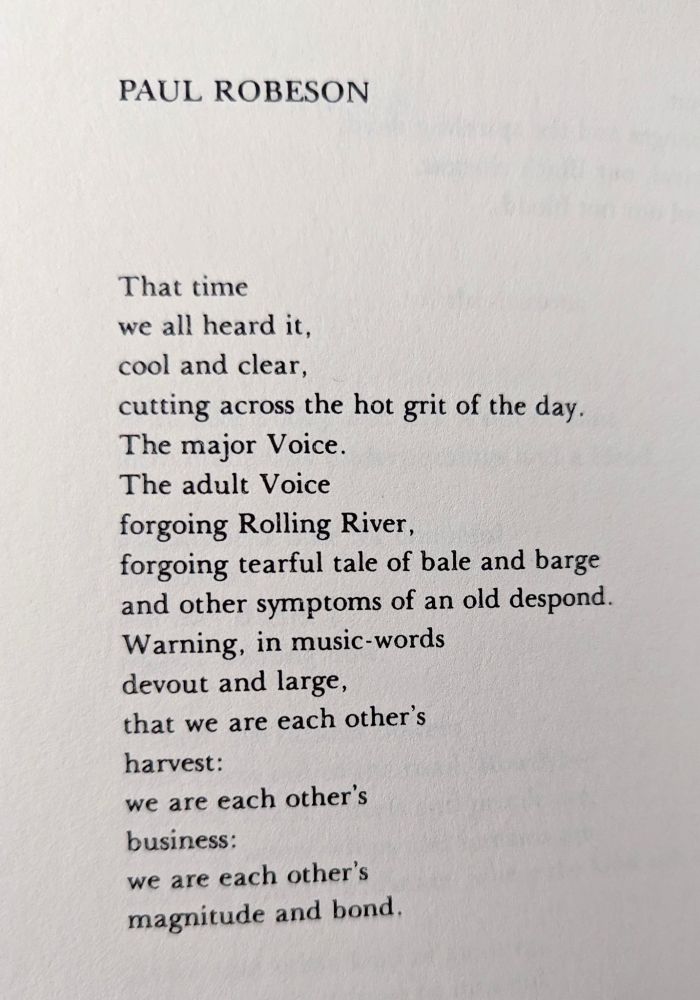 That time

we all heard it,

cool and clear,

cutting across the hot grit of the day.

The major Voice.

The adult Voice

forgoing Rolling River,

forgoing tearful tale of bale and barge

and other symptoms of an old despond.

Warning, in music-words

devout and large,

that we are each other’s

harvest:

we are each other’s

business:

we are each other’s

magnitude and bond.

From The Essential Gwendolyn Brooks (Library of America, 2005).

