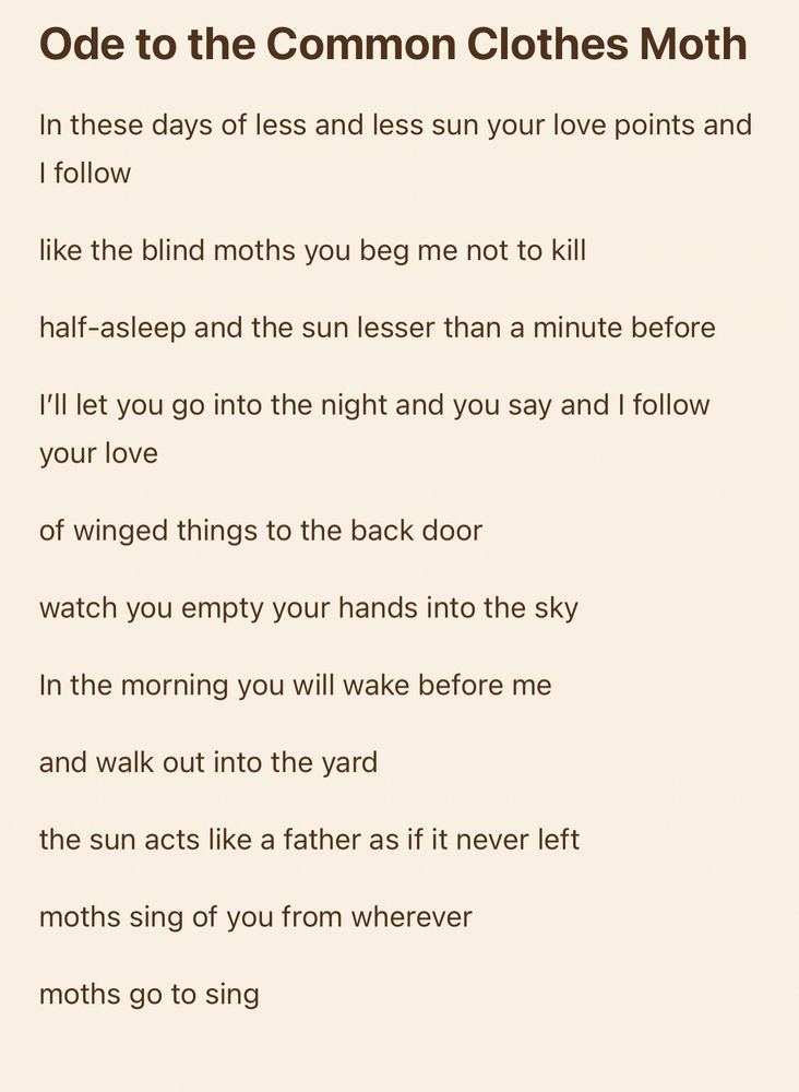 For De Lissa

In these days of less and less sun your love points and I follow
like the blind moths you beg me not to kill
half-asleep and the sun lesser than a minute before
I’ll let you go into the night and you say and I follow your love
of winged things to the back door
watch you empty your hands into the sky

In the morning you will wake before me
and walk out into the yard
the sun acts like a father as if it never left
moths sing of you from wherever
moths go to sing