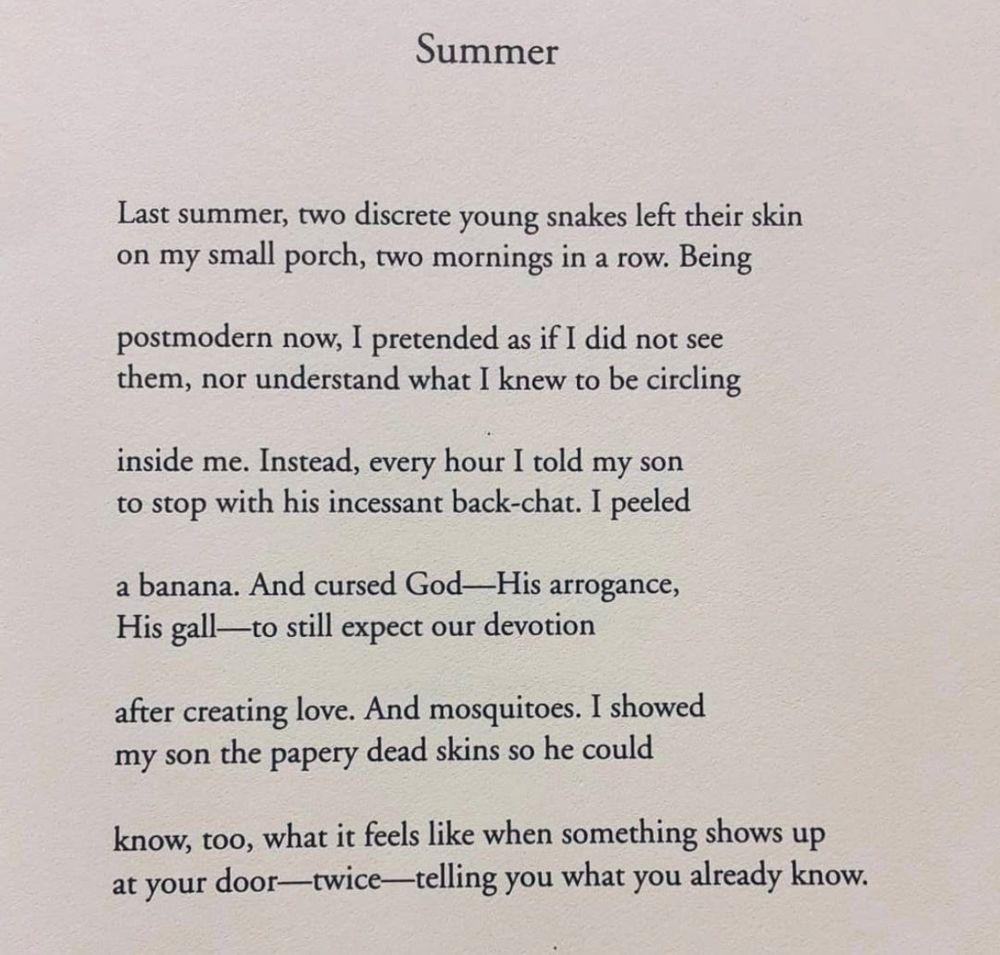 Summer

Last summer, two discrete young snakes left their skin
on my small porch, two mornings in a row. Being

postmodern now, I pretended as if I did not see
them, nor understand what I knew to be circling

inside me. Instead, every hour I told my son
to stop with his incessant back-chat. I peeled

a banana. And cursed God—His arrogance,
His gall—to still expect our devotion

after creating love. And mosquitoes. I showed
my son the papery dead skins so he could

know, too, what it feels like when something shows up
at your door—twice—telling you what you already know. 