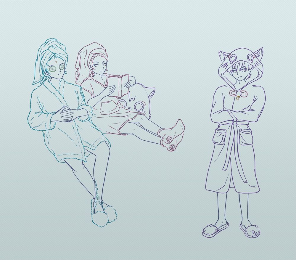 fanart sketch of Xiao Kaedehara Kazuha and Scaramouche from Genshin Impact wearing bathrobes, Xiao and Kazuha are sitting relaxed getting spa treatment, Scaramouche stands next to them looking grumpy