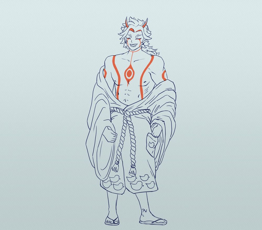 blue-ish fanart sketch of Arataki Itto from Genshin Impact wearing a bathrobe with duckie print, the robe is partially shrugged off showing his red markings