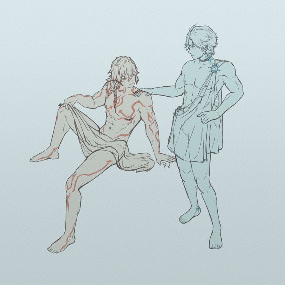 sketch of sitting Mydei and Phainon standing next to him in greyscale 
