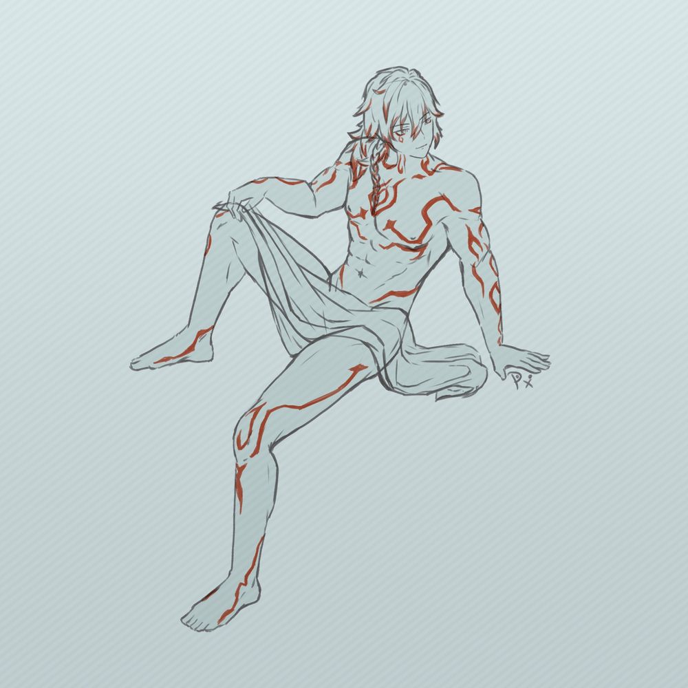 sketch of Mydei from Honkai Starrail in greyscale with his markings in red