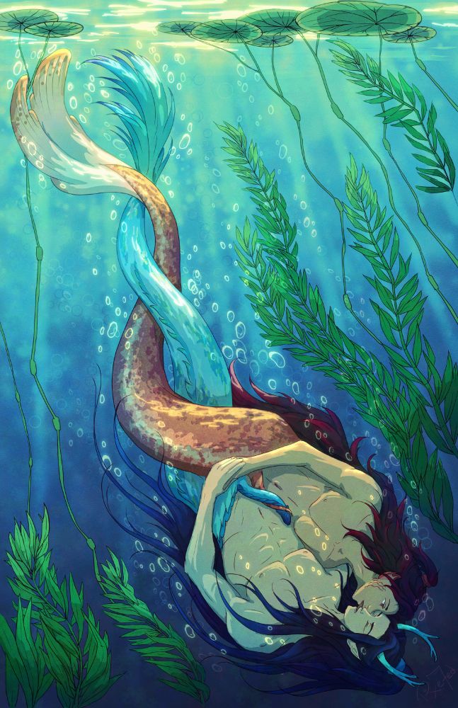 illustration of Lan Wangji and Wei Wuxian from Mo Dao Zu Shi both shown as merman underwater, tails and bodies twisted around each other, they kiss while sinking deeper in the water