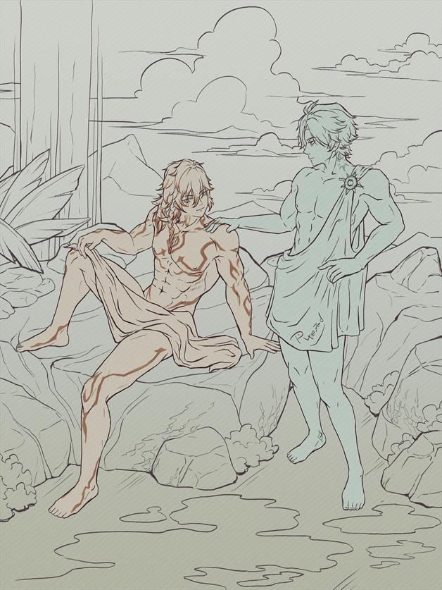 sketch of sitting Mydei and Phainon from Honkai Starrail standing next to him, surrounded by large rocks, behind them a waterfall and clouds