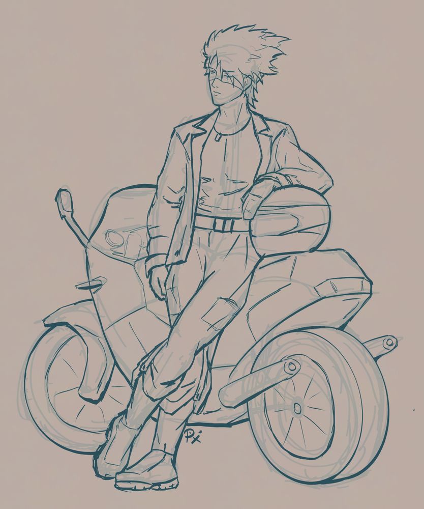 sketch of Hatake Kakashi in bikers clothes leaning against a motorcycle