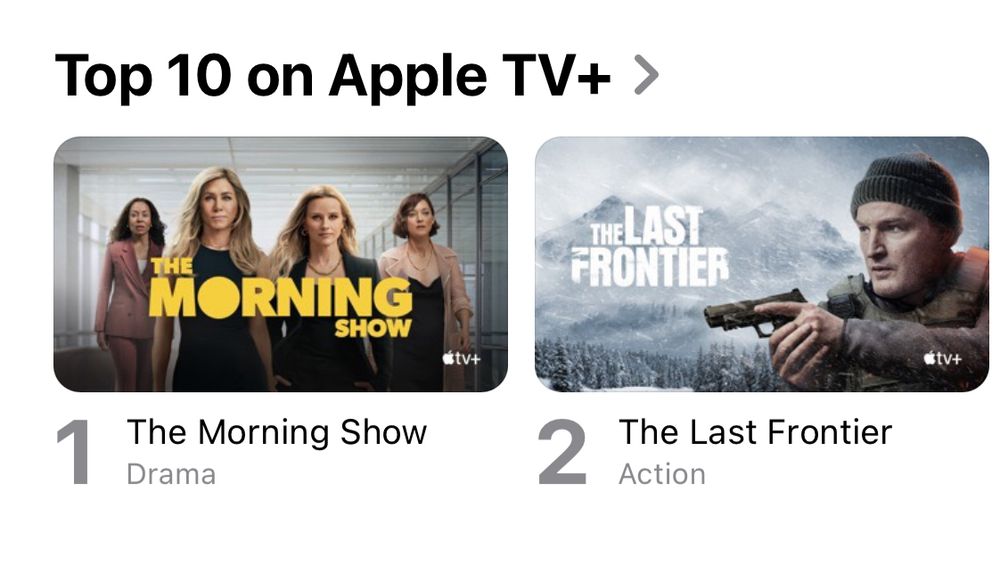 the top 10 panel on apple tv+ showing the morning show on the left and the last frontier on the right. the thumbnail for the morning show is 4 girlbosses and the thumbnail for the last frontier is a guy with a gun