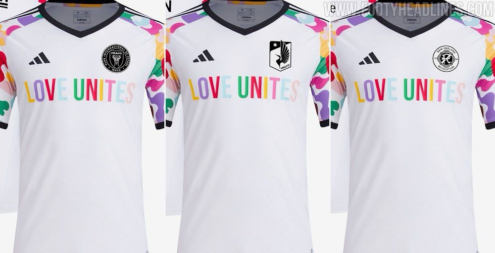 A Pride soccer kit with “Love Unites” written across the front in rainbow colors with rainbow sleeves