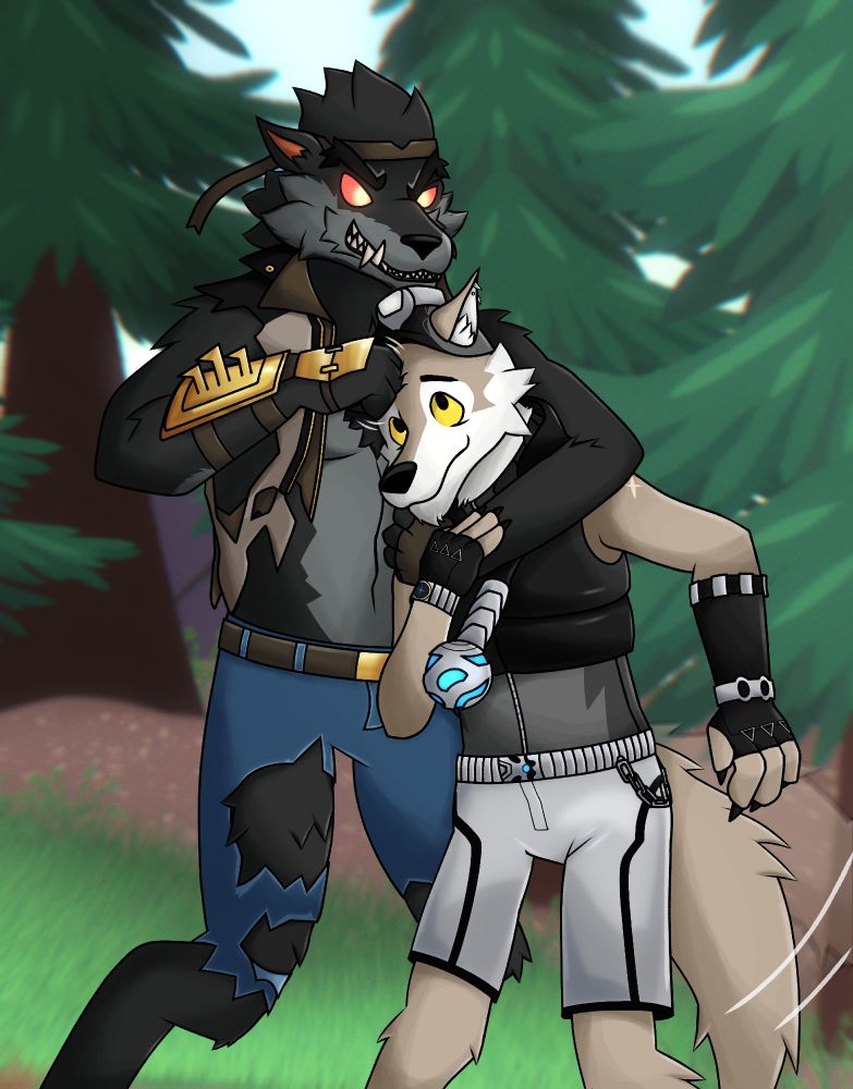 Werewolf character from Fortnite Dire holding anthropomorphic wolf character Wendell in a noogie