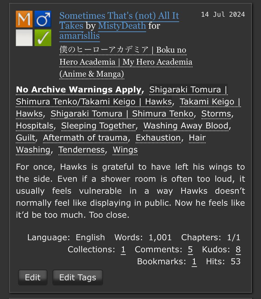 BNHA ShigaHawks AO3 Fic, Rated M, 1k WC, No Warnings