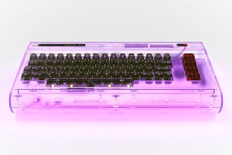 C64U (ultimate64) from the new Commodore company in a translucent LED lit case this image showing a purple/pink light