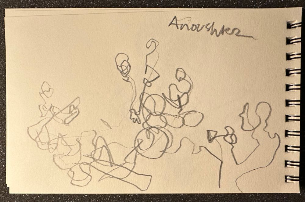 pencil sketch of Anouska, band, and cast shadows (drawing in the dark)