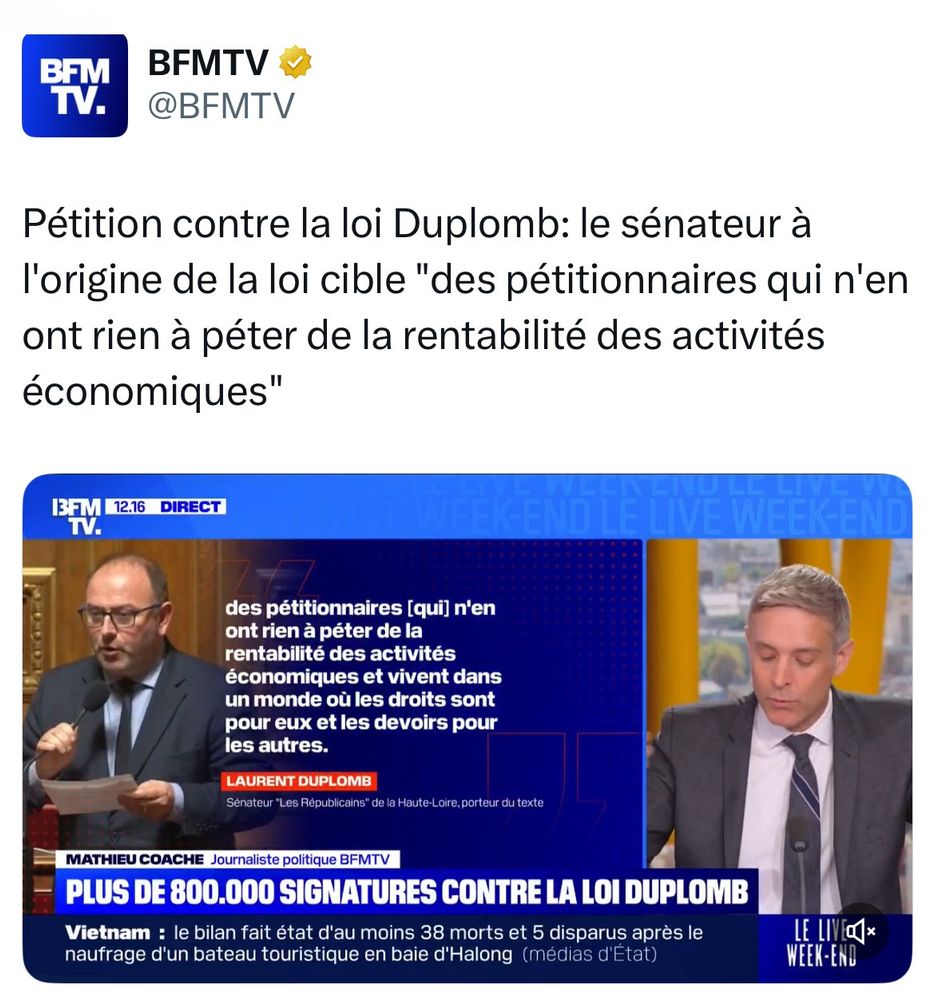BFM : Pétition contre la loi Duplomb: le sénateur à l'origine de la loi cible "des pétitionnaires qui n'en ont rien à péter de la rentabilité des activités économiques"
