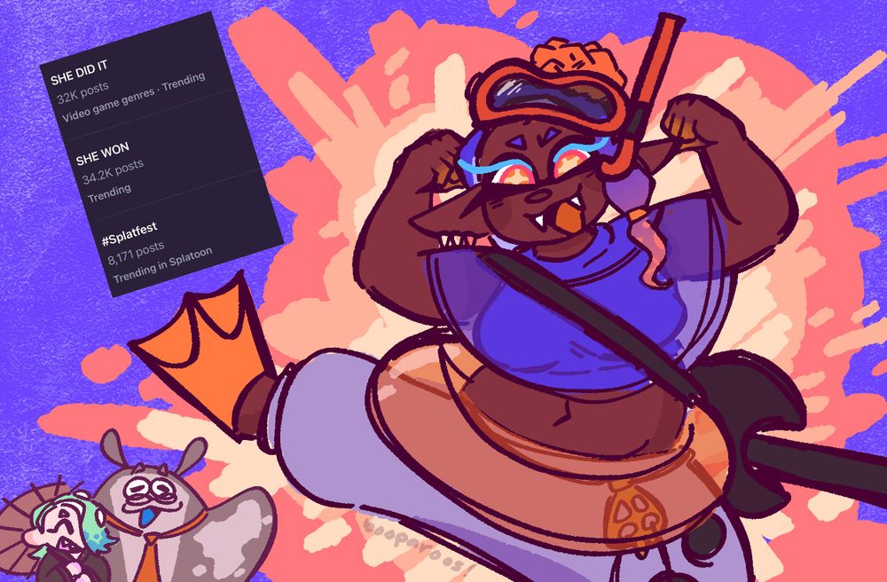 Fanart of Frye, Shiver, and Big Man from Splatoon 3. 

A rotated screenshot from Twitter (X) trending tags at the time of the image's creation is in the upper left corner of the image, reading "SHE DID IT" "SHE WON" and "#Splatfest".

Frye is dressed in her outfit from the "Same Ol' vs Bucket List vs Save the Day" Splatfest art. She has an orange snorkle on her head, a black guitar on her back, an orange ring floatie on her waist, and orange flippers on her feet. Her ink color and accents are blue. She is lifting her arms and flexing and kicking her right foot up. Shiver and Big Man are in the bottom left of the image in their outfits from the same Splatfest as Frye.