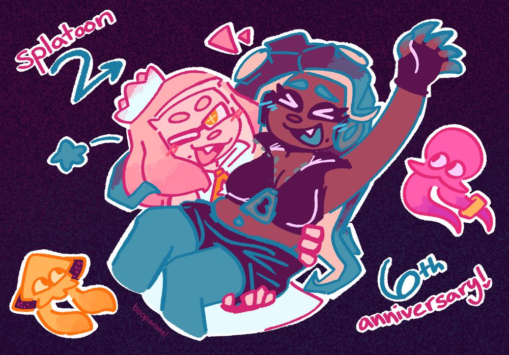 Fanart of Pearl and Marina from Splatoon 2. Pearl is holding Marina bridal style. Swim forms of Agent 4 and Agent 8 are in the background. The text in the top left reads "splatoon 2" and the text in the bottom right reads "6th anniversary!"