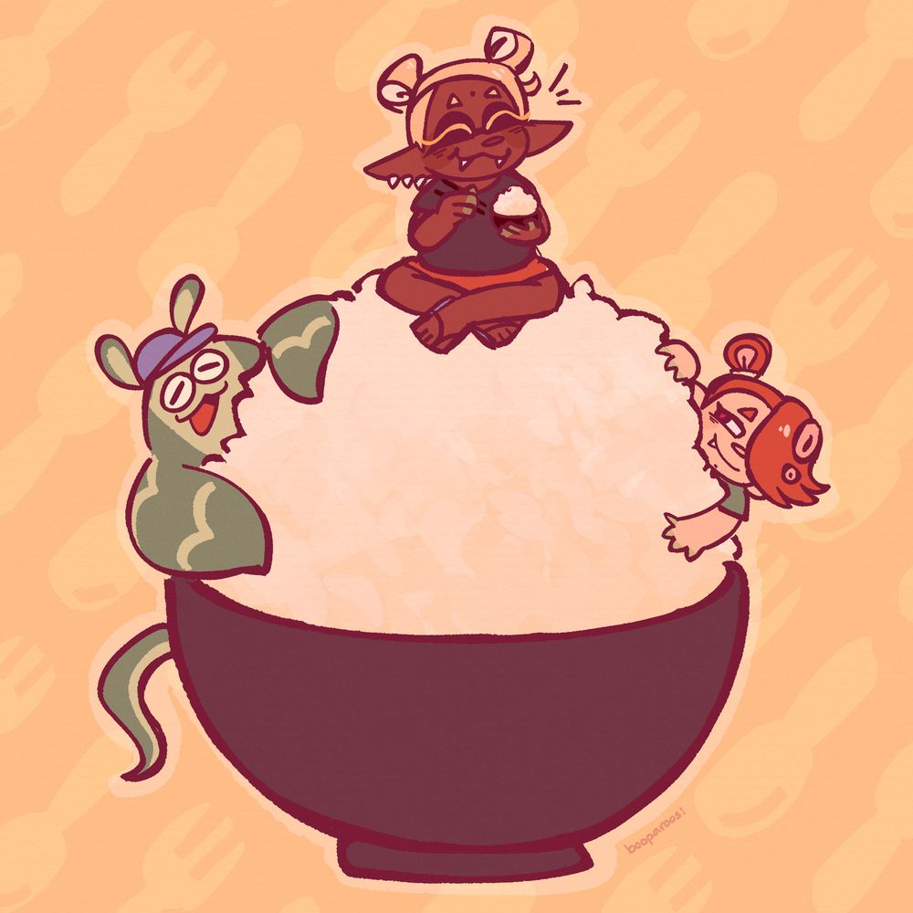 Fanart of Big Man, Frye, and Shiver from Splatoon 3. They are dressed in their "Bread vs Rice vs Pasta" splatfest outfits. Frye is sitting atop a bowl of rice. Big Man is clinging to the left side of the rice pile and Shiver is clinging to the right side of the rice pile.