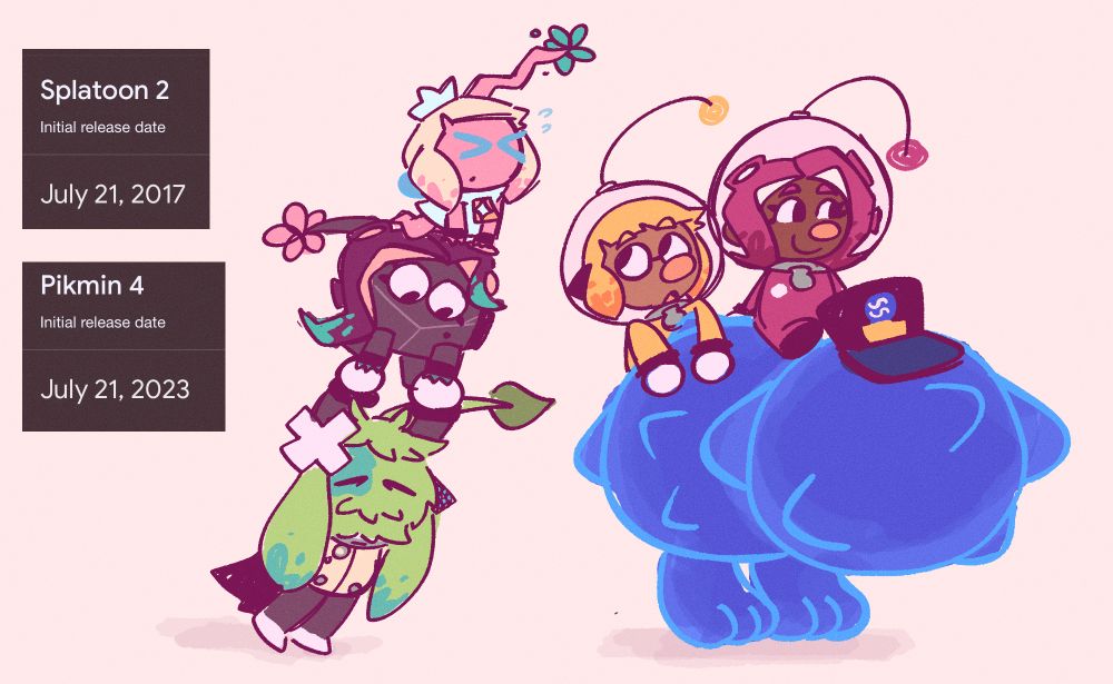 Fanart of Splatoon characters as Pikmin characters. Pearl as a winged Pikmin, Marina as a rock Pikmin, Captain 3 as a Leafling, Agent 4 and Agent 8 as Captains, and C.Q. Cumber styled like a Space dog. The images to the left of the artwork show the release dates for Splatoon 2 and Pikmin 4 respectfully.