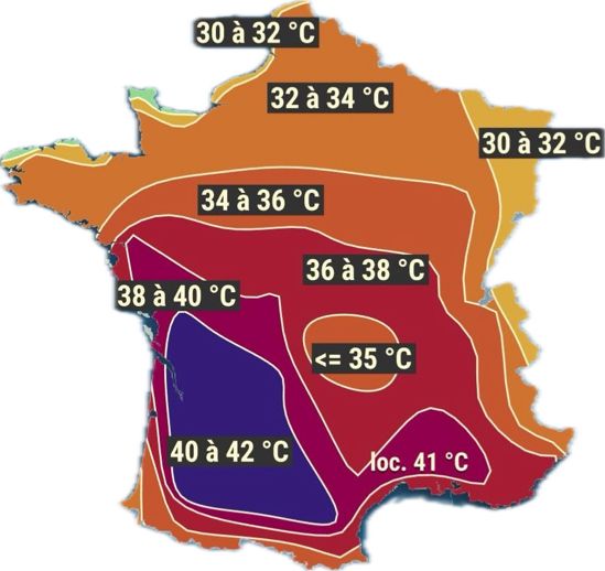 Carte de France des températures par zones, le sud ouest est violet avec un « 40 à 42 °C » en légende 