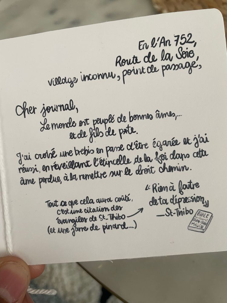 Page du journal de Theophilos Kanakis, prêtre nestorien intitulé "Chroniques des Spiritualités Sur la Route de la Soie", créé dans Game of Roles et mis en page IRL par Anna June Barker