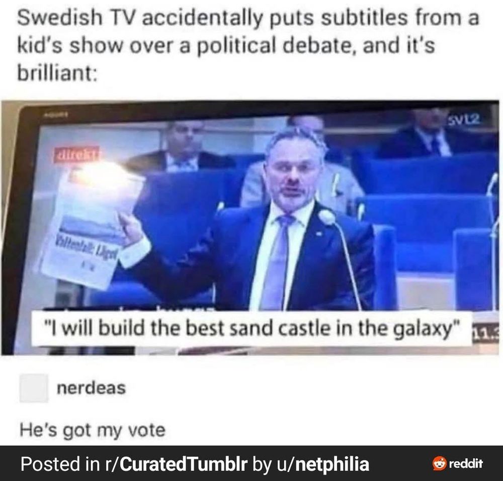 Post from r/CuratedTumblr by u/netphilia:
"Swedish TV accidentally puts subtitles from a kid's show over a political debate, and it's brilliant:"

Then there is a photo of a suited white older Swedish politician holding up a newspaper and speaking, with the subtitle "I will build the best sand castle in the galaxy"

Under this, user nerdeas comments "He's got my vote"