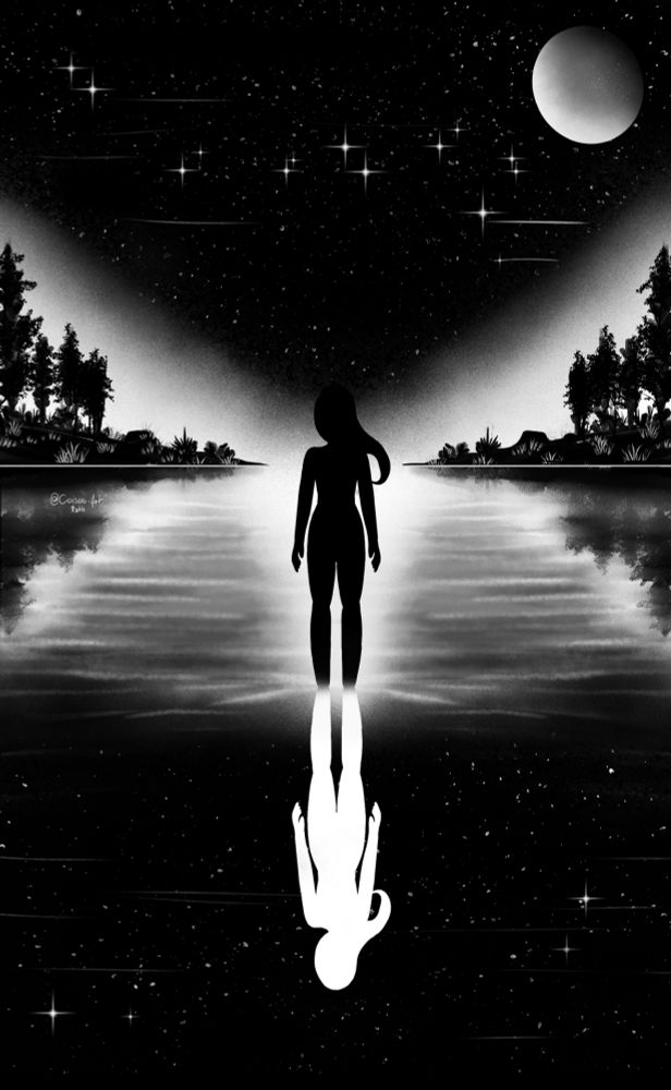 Capa de livro preta e branca, com uma mulher de silhueta preta andando sobre a agua tendo seu reflexo na agua branco. Com uma floresta, Lua e céu estrelado no horizonte.