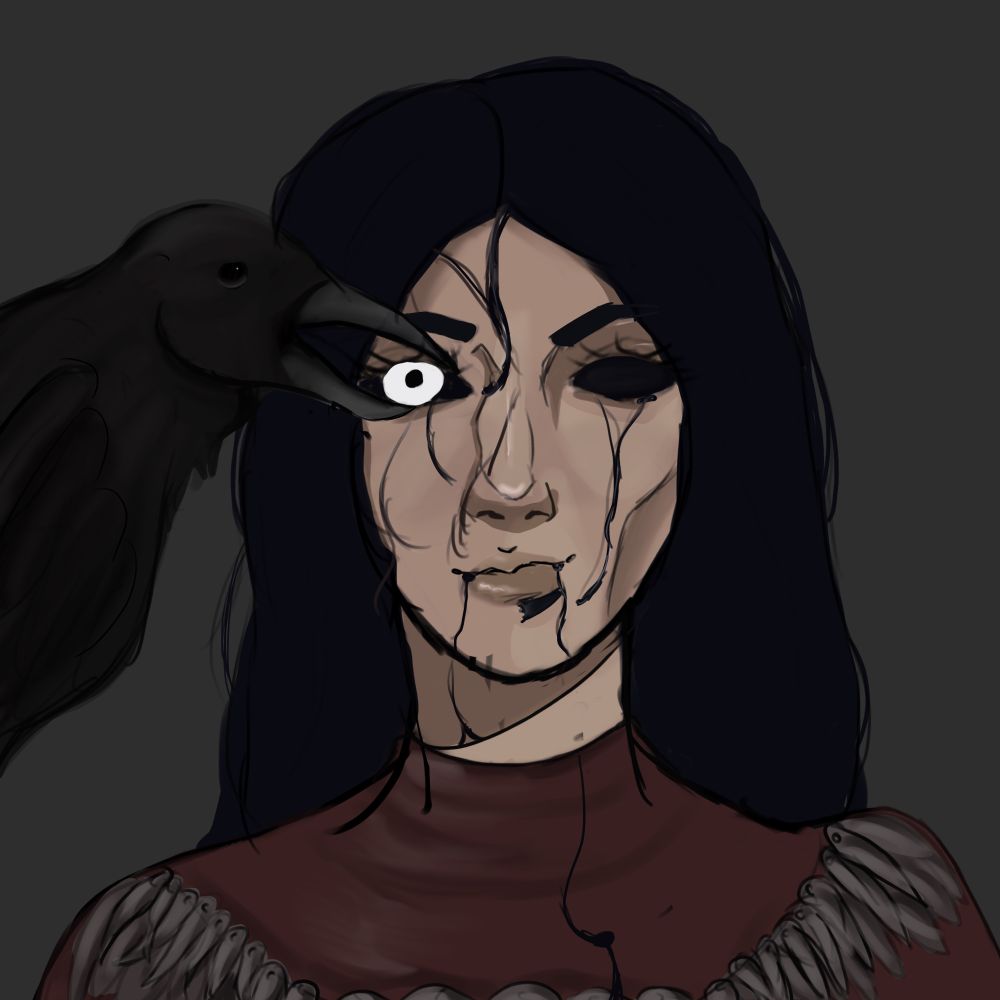 A drawing of the artist from dead by daylight with a crow