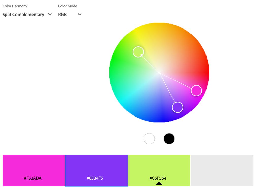 a split complementary colour palette from https://color.adobe.com/create/color-wheelm, showing a lime green against a pink and purple