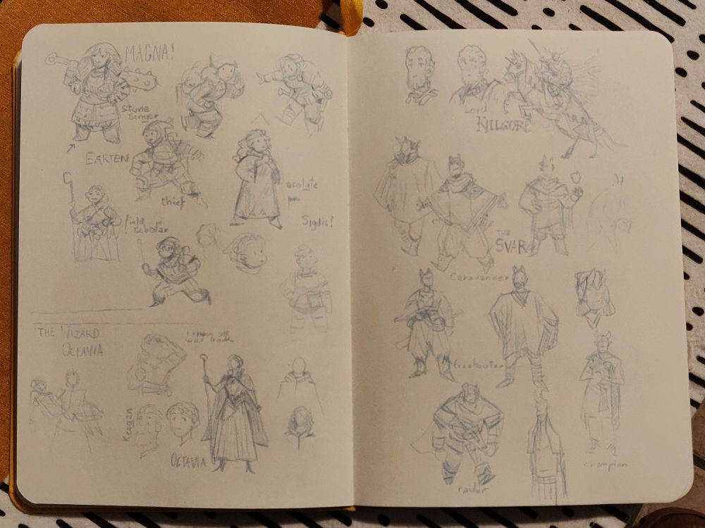 Two more pages with Earthen folk (mostly Dwarf-like ladies born from stone), the Svar (Tall horned people) and a few sketches of Octavia, a wizard.