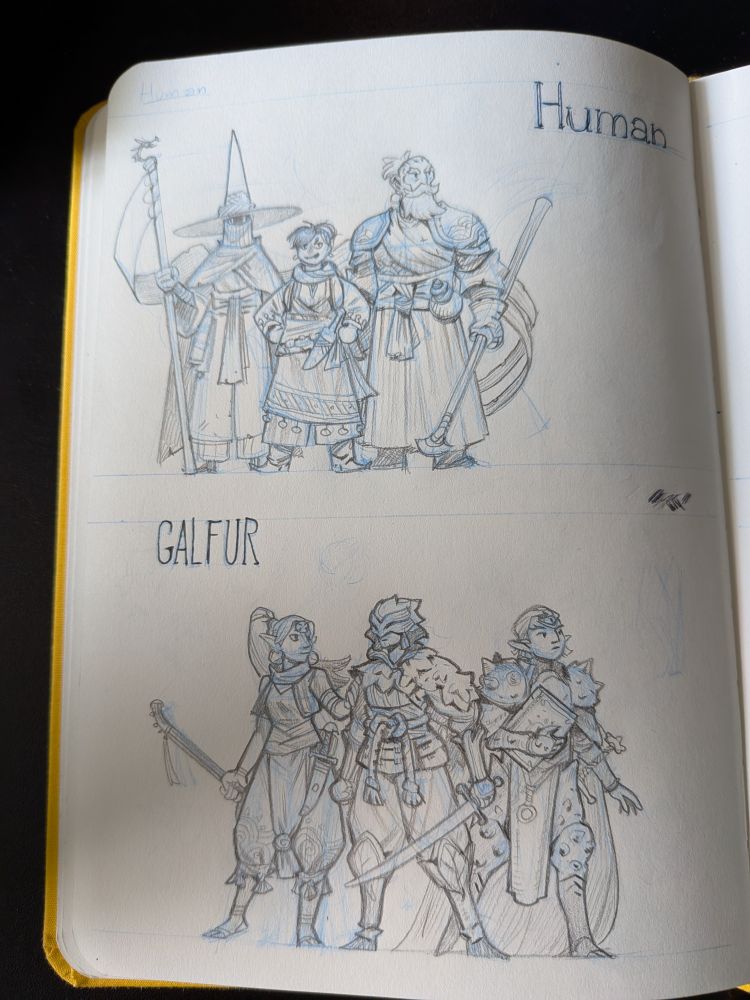 A sketchbook page with three Human characters at the top of the page and three Galfur (elf like beings) characters on the lower part.