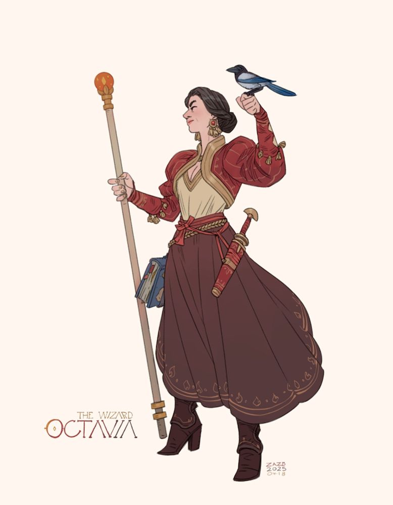 A woman in her forties, holding a staff in one hand and a magpie in the other. She has black hair with gray streaks in a loose bun. She wears fancy clothes and jewelry. 