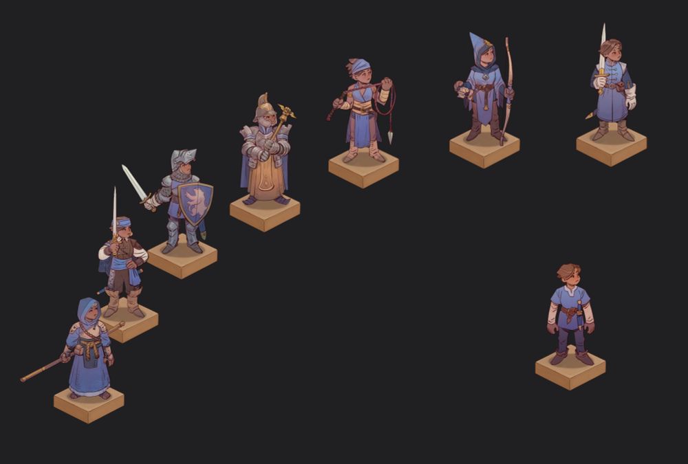 Close up of the Stick and robe, Swashbuckler, Sword and board, Warrior priest, and Whirlwind kits from the last image.