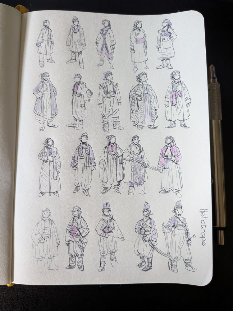 A sketchbook page with a few rows of characters. There are civilians and soldiers and all of them have a violet color accent.
