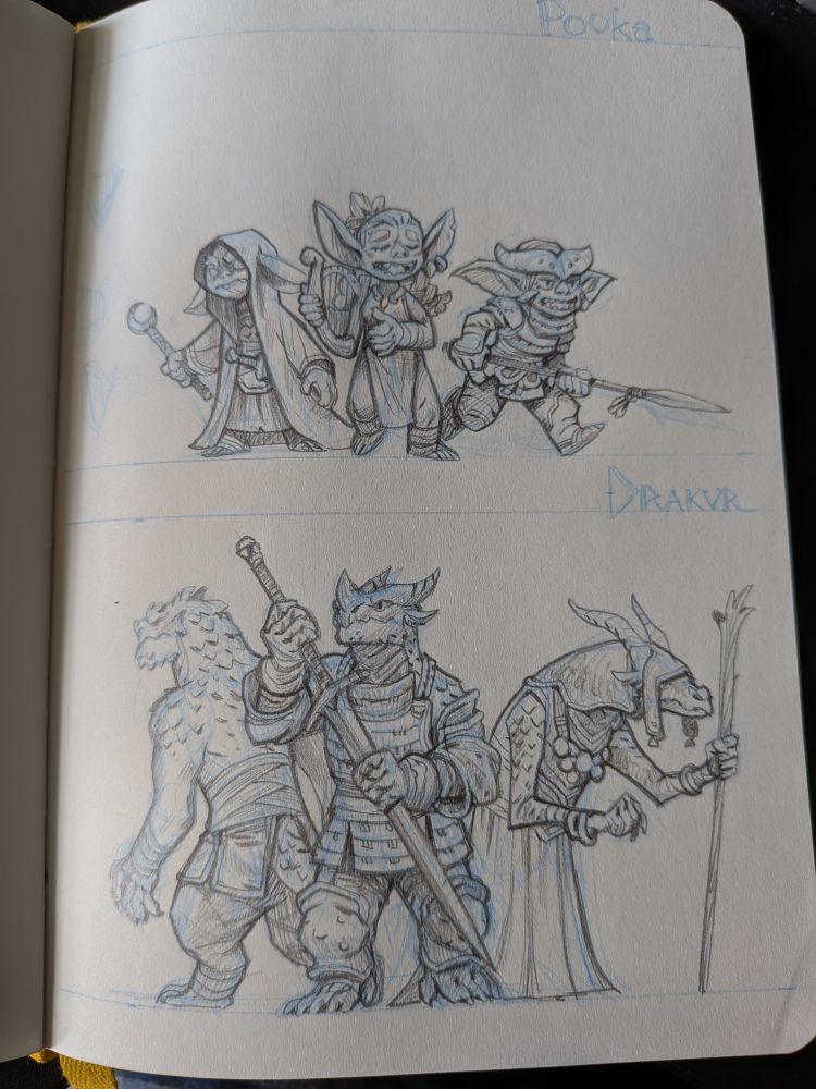 Three Pookas (goblin like forest dwellers) and three Drakurs (humanoid people with dragon traits and features)