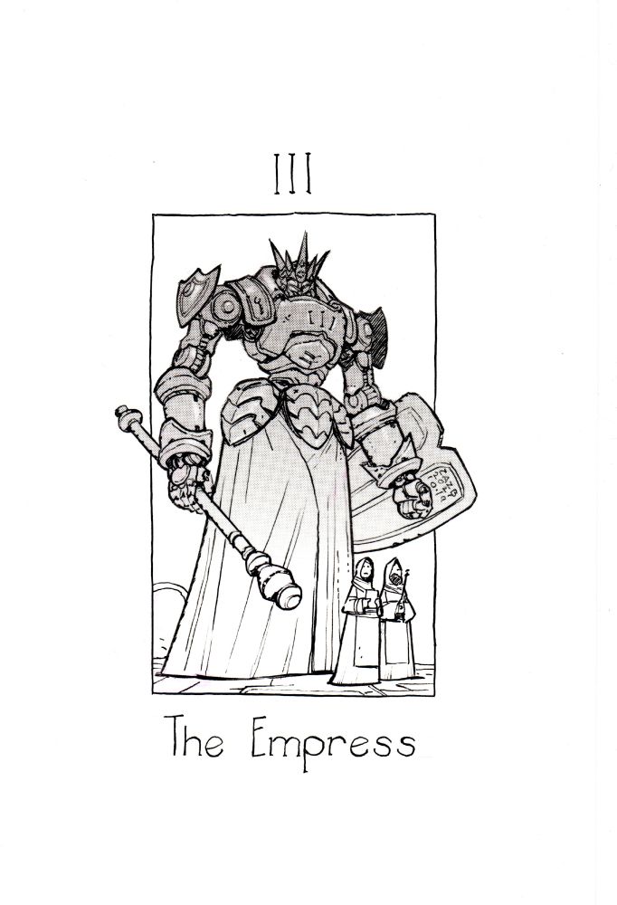 A giant mech wielding a mace and shield, inspired by the Empress major arcana tarot card.