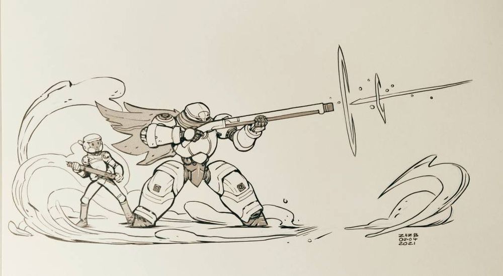 A small woman in a space suit (Lem) carrying munitions for a big armored cyborg person (Dryad). They're shooting a massive sci-fi weapon with a look similar to an arquebus. 