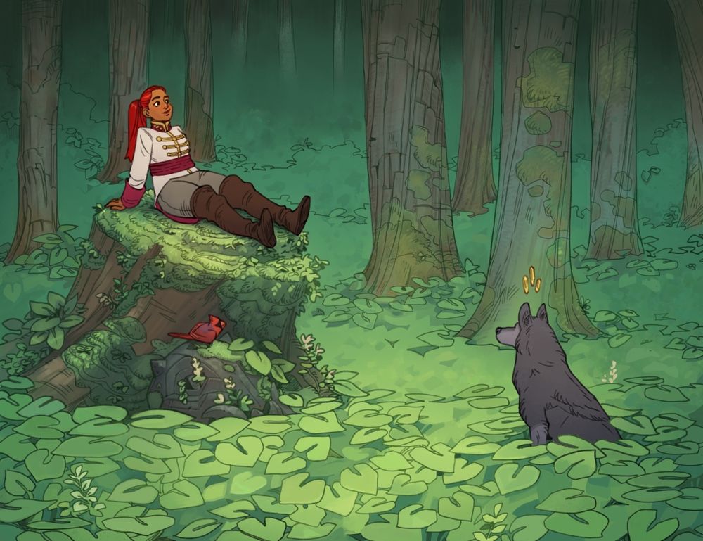 The three main characters of The Thief of Tales are sitting in a clearing. The ground is covered in vegetation. 
Nevhna (a woman with red hair) is sitting on an old tree stump covered with leaves and moss. The Herald (a red cardinal bird) is perched on a stone sculpture among the roots of the stump. The Storm Crown (a dark wolf with 3 crystals floating above their head) is sitting a bit farther, looking at the other two characters.