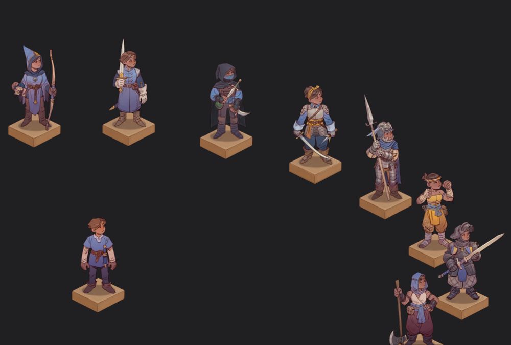 Close up of the Arcane archer, Battlemind, Cloak and dagger, Dual wielder, Guisarmier, Martial artist, and Mountain kits from the last image.