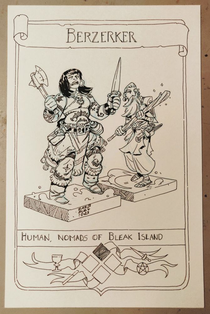Pen and ink drawing of a muscular berserker with and old man wielding a magic staff as her retainer. The presentation is a mock character sheet.