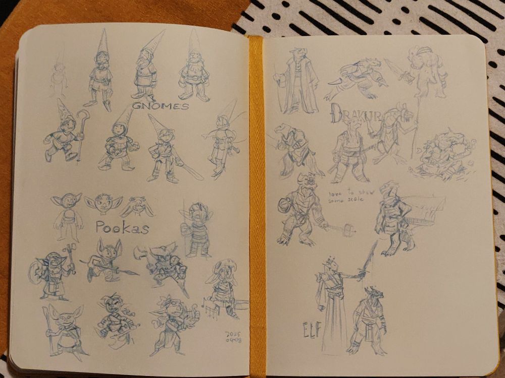 Two sketchbook pages with doodles of Gnomes, Pookas (a goblin-like people) and Drakur (humanoid dragons)