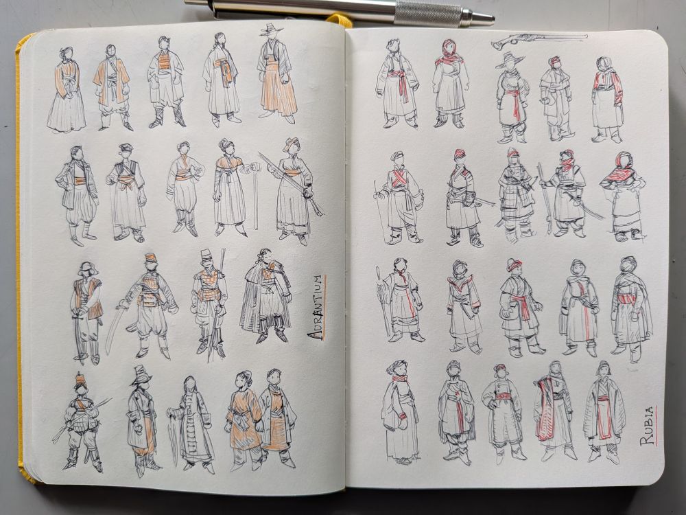 Two pages spread from a sketchbook with four rows of people drawn with a ballpoint pen.