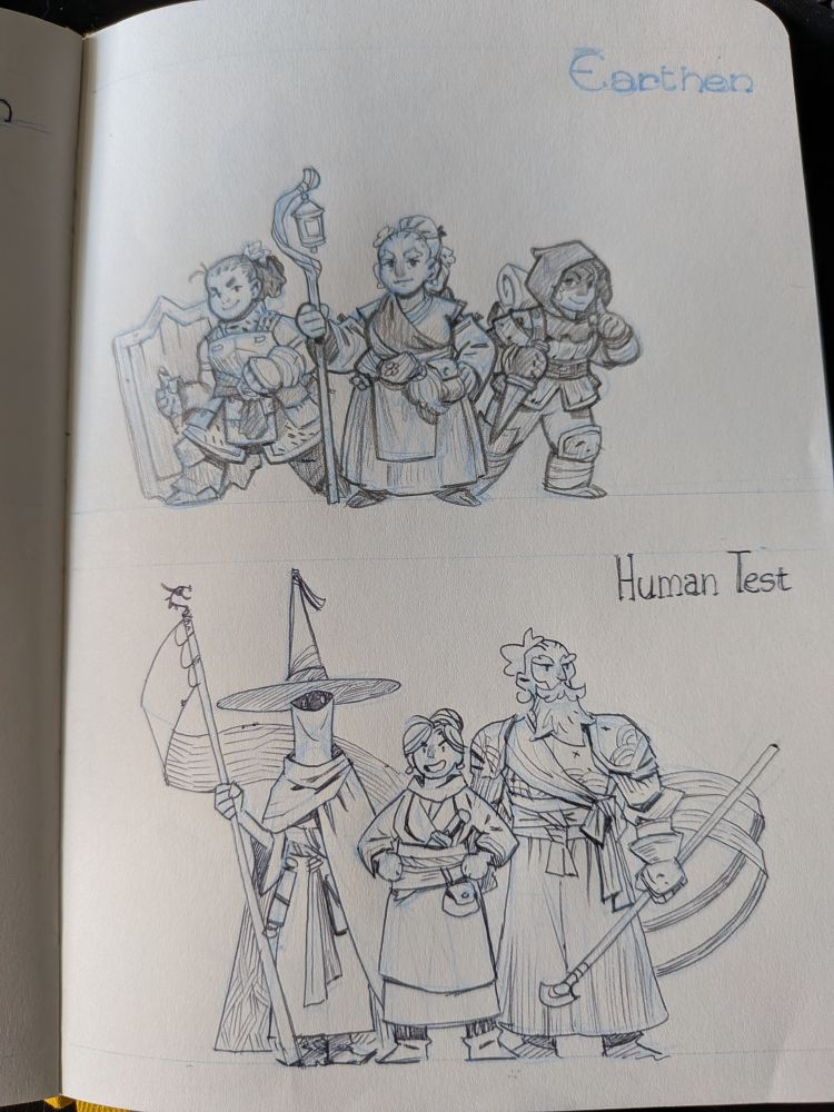 Sketchbook page with three Earthen ladies and an inking test with the previous human characters.