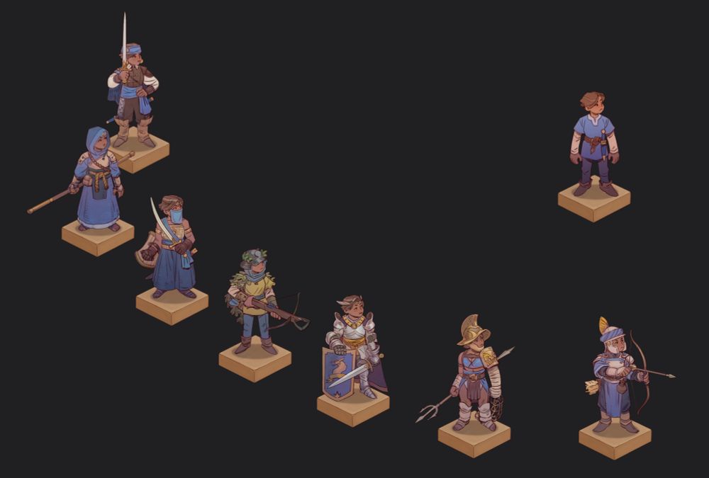 Close up of the Rapid Fire, Retiarius, Shining armor, Sniper, Spellsword, Stick and robe, and Swashbuckler kits from the last image.