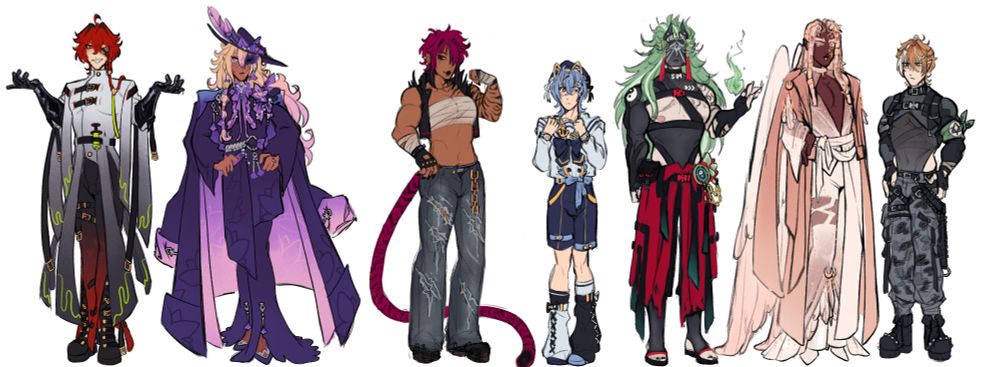7 personagens, o primeiro, da esquerda pra direita, é um homem com cabelo vermelho e roupas de 