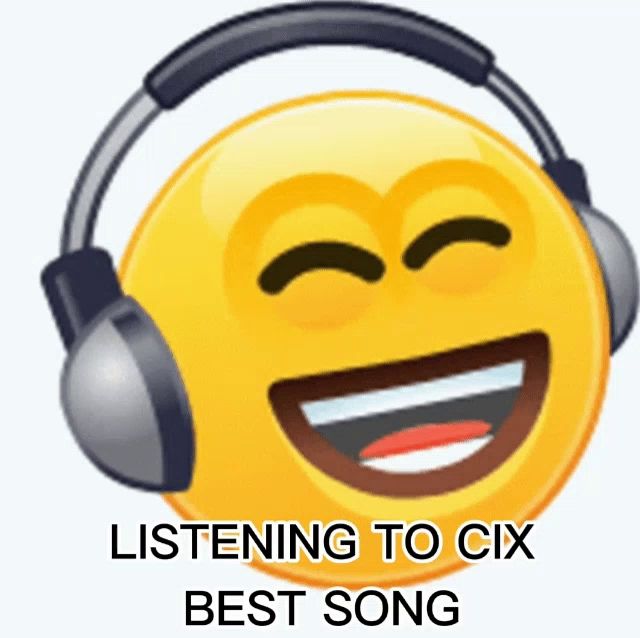 a smiley face wearing headphones with the words listening to cx best song below it