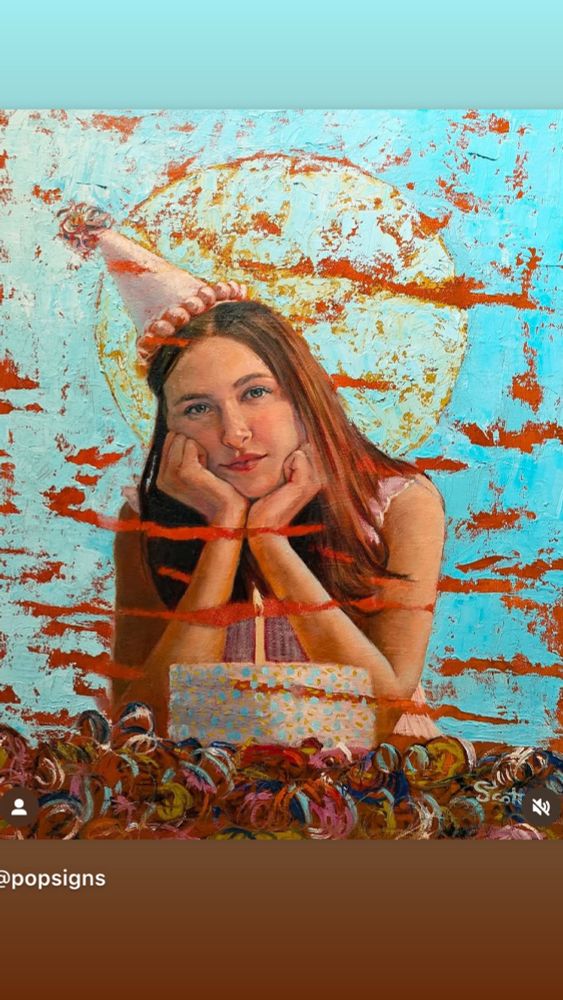 A painting titled Wish You Were Here by Deborah Scott. The artwork depicts a young woman wearing a party hat resting her chin on her hands gazing wistfully as she sits behind a birthday cake adorned with an angle lit candle. The background features an abstract textured sky with hints of orange and blue symbolizing joy intertwined with longing. Confetti and streamers in the foreground 