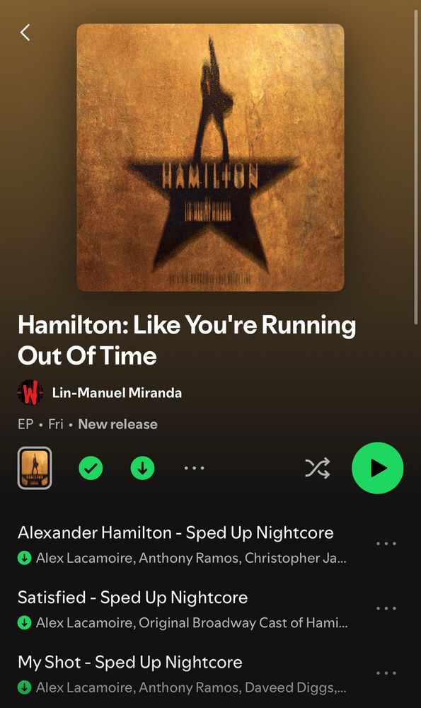 Screenshot of ‘Hamilton: like you’re running out of time’ album on Spotify. 