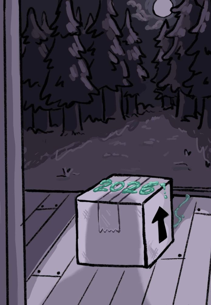 A monochrome photo of a box sitting on a porch with green slime on top of the box. The slime spells out the numbers "2026."