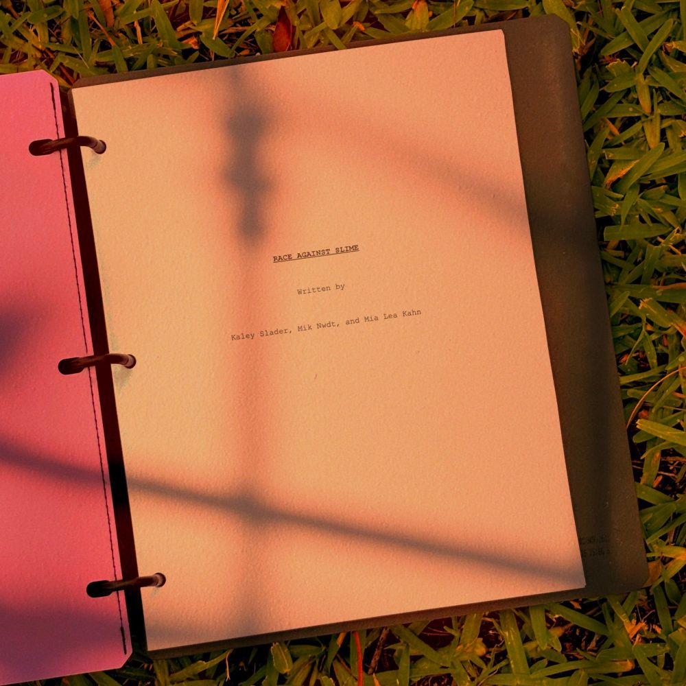A binder reading, "RACE AGAINST SLIME Written by Kaley Slader, Mike Nwdt, and Mia Lee Kahn." The binder is sitting in the grass.