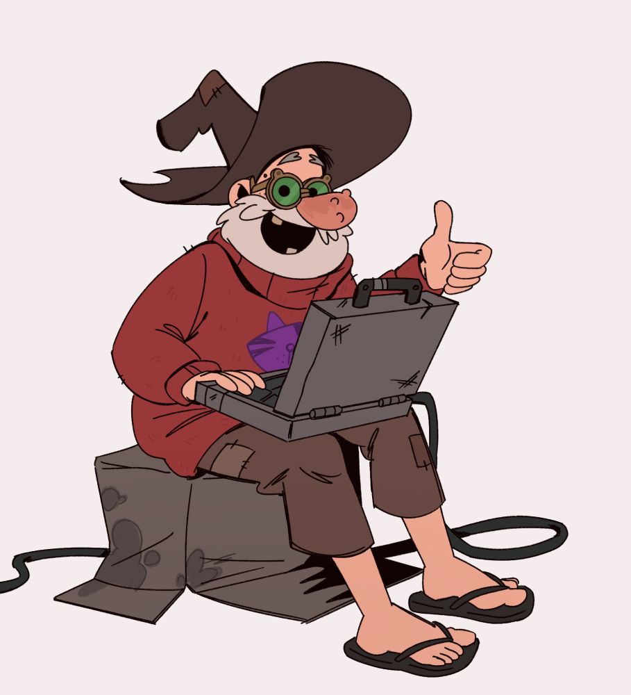 Old Man McGucket from Gravity falls is sitting on a cardboard box wearing one of Mabel's sweaters. He is looking at the viewer and smiling with a thumbs up and his laptop in his lap.