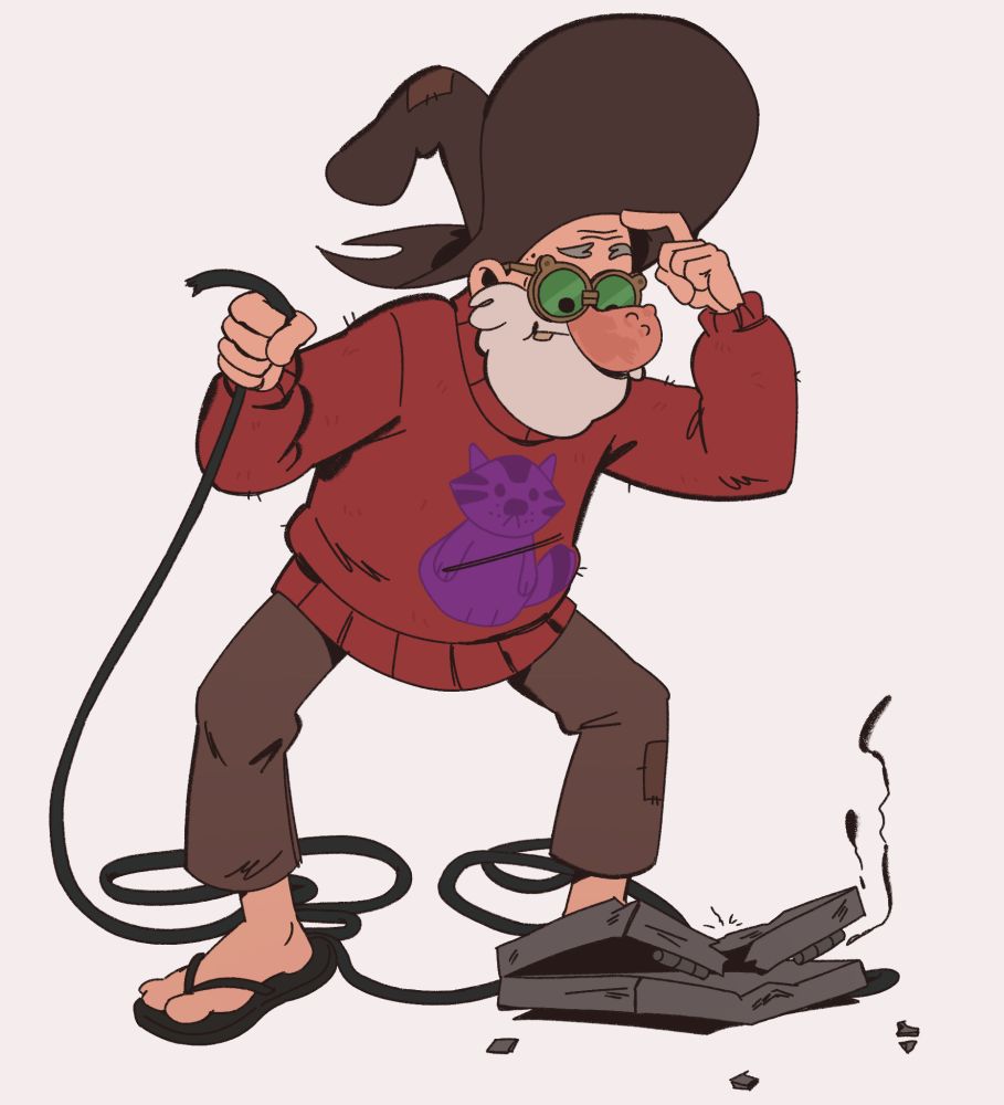 Old Man McGucket looking down at a broken computer, confused.